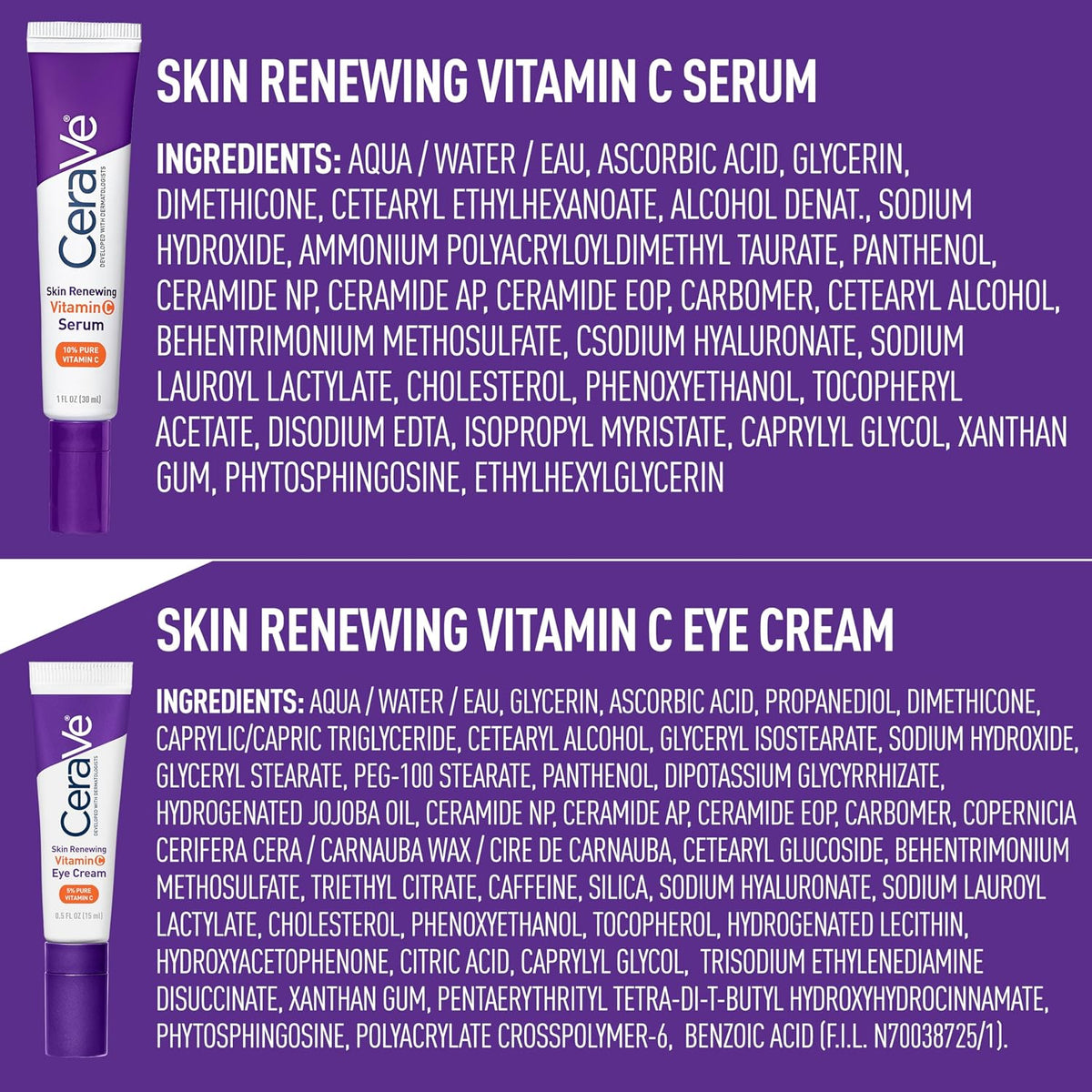 CeraVe Vitamin C Serum & Vitamin C Eye Cream Skin Care Set | Skin Brightening Serum with Hyaluronic Acid for Face & Under Eye Cream with Caffeine for Dark Circles and Puffiness