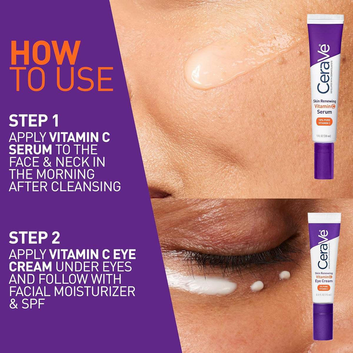 CeraVe Vitamin C Serum & Vitamin C Eye Cream Skin Care Set | Skin Brightening Serum with Hyaluronic Acid for Face & Under Eye Cream with Caffeine for Dark Circles and Puffiness