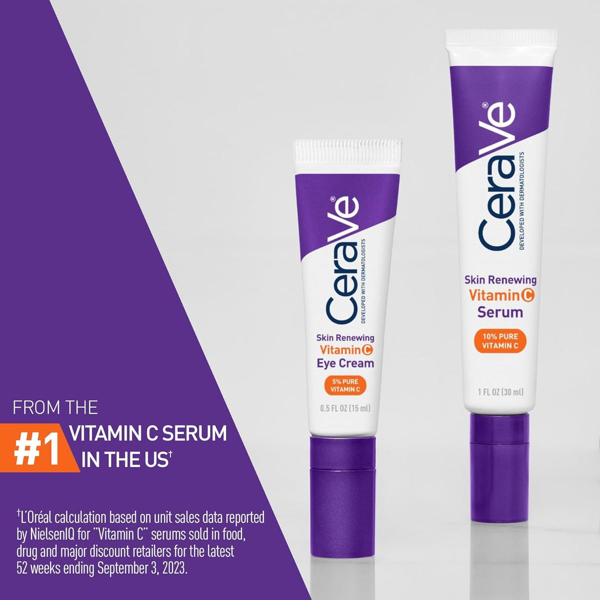 CeraVe Vitamin C Serum & Vitamin C Eye Cream Skin Care Set | Skin Brightening Serum with Hyaluronic Acid for Face & Under Eye Cream with Caffeine for Dark Circles and Puffiness